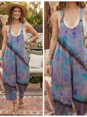 Boho Tie-Dye Relaxed Jumpsuit in Purple Blue